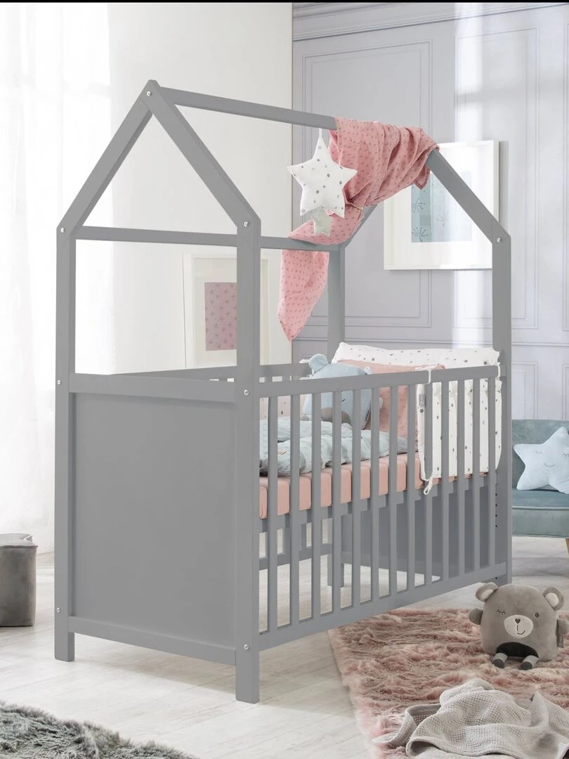 ROBA Lit Cabane Bébé Évolutif 70x140   Certifié FSC   Convertible   Hauteur Réglable   Bois Gris   Gris