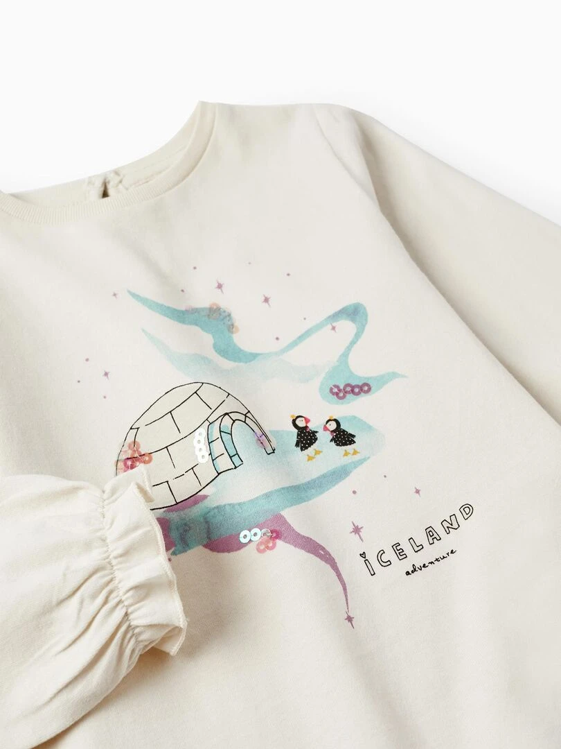 T shirt en coton pour fille 'Islande   Macareux' manches longues  NORTHERN CALLING   Blanc