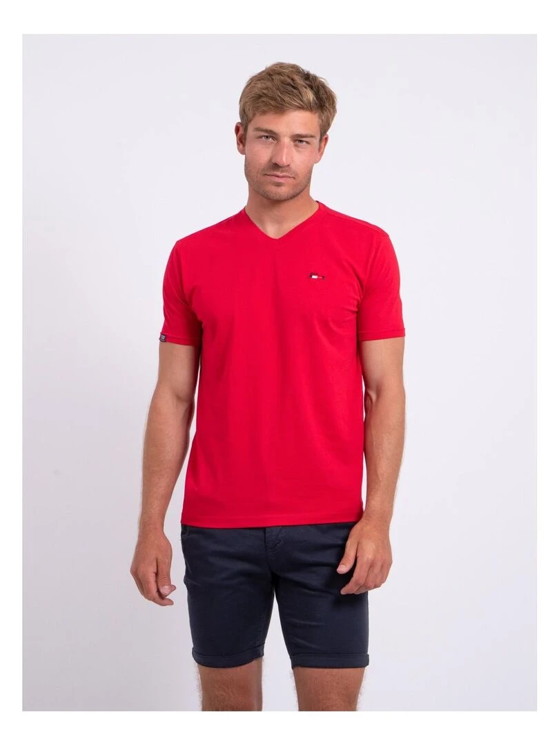 T shirt col V pur coton NERIJ Rouge