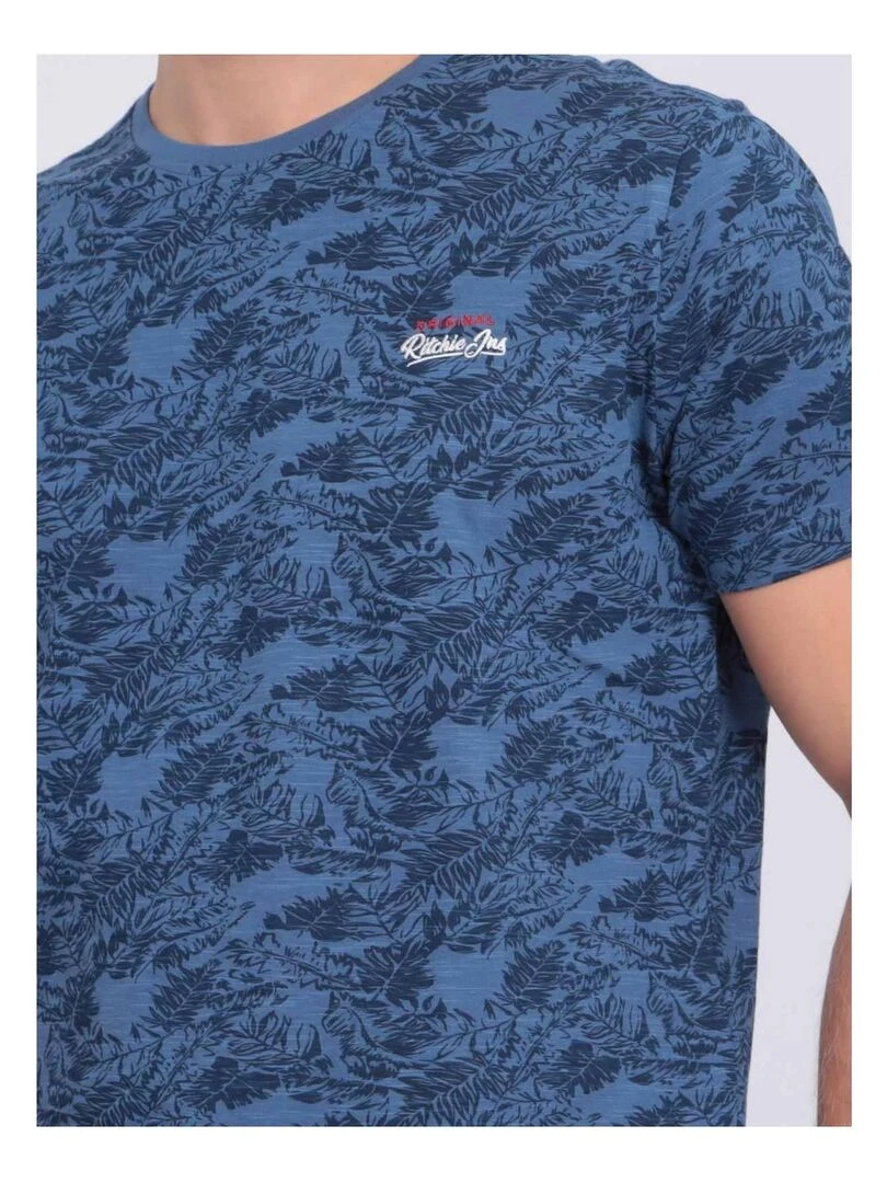T shirt col rond pur coton motifs NOMERIC   Bleu