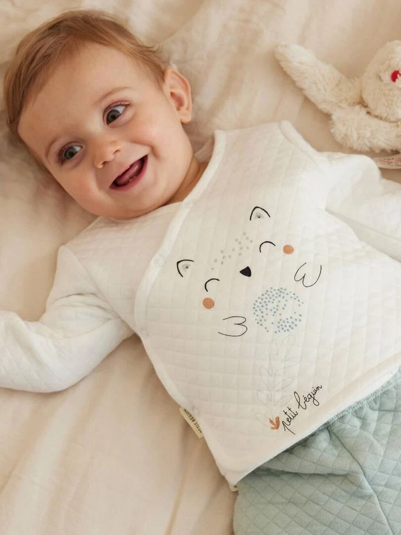 Ensemble bébé gilet et pantalon en coton matelassé Kimi   Ecru