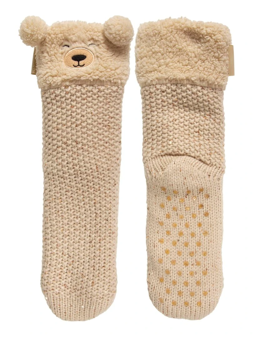 Chaussettes fourrées Femme Sequins Ours Beige