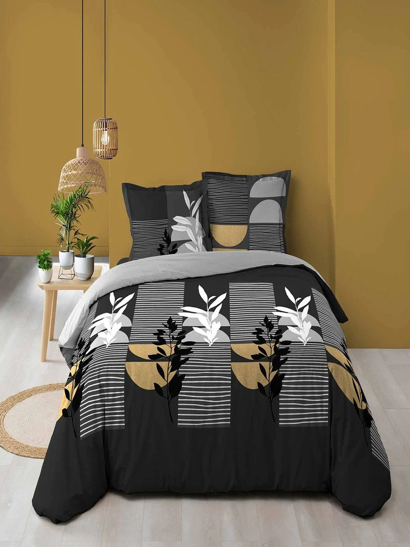 Housse de couette 260x240 + 2 taies métallisé Asior coton 57 fils Noir