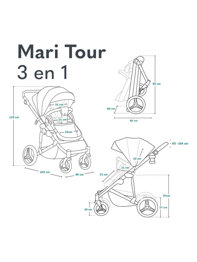 LIONELO Mari Tour   Poussette bébé 3en1 compacte   De 0 à 48 mois   Noir   Noir
