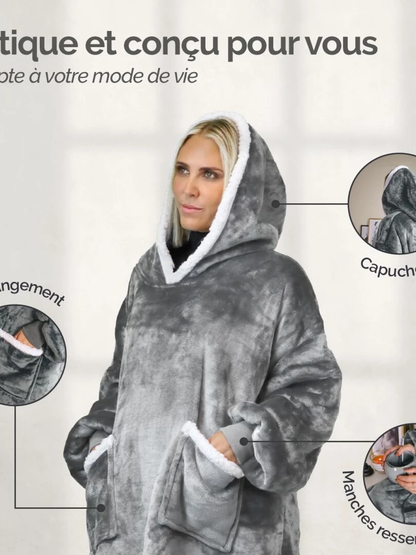 Sweat plaid à capuche  couverture  pull   Sherpa et flanelle   Vivezen   Gris clair