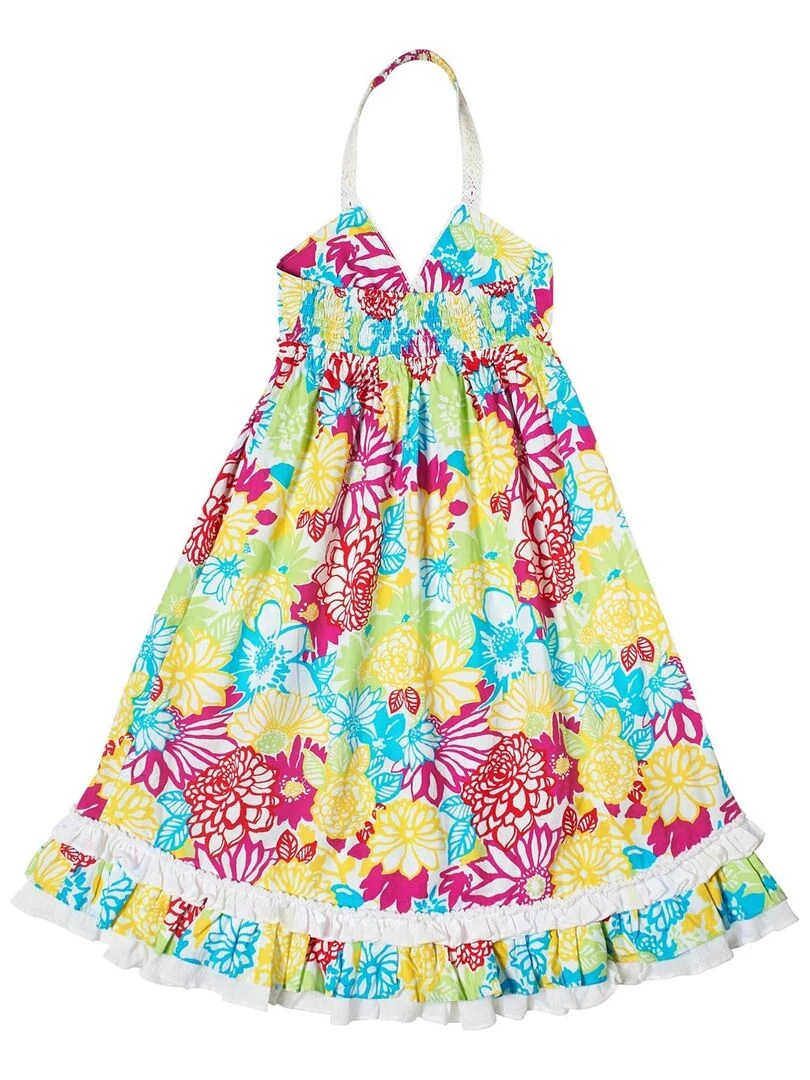 Robe de Plage Longue Fille  Jersey Fleuri Multicole  EUGENIE   La Faute à Voltaire   Blanc Rose clair Bleu