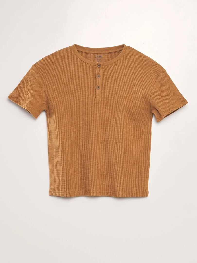 T shirt texturé à col tunisien Marron