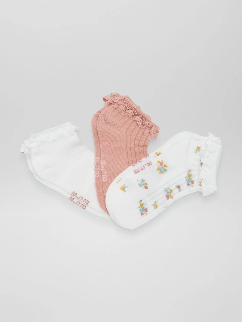 Lot de 3 socquettes avec dentelle Blanc/rose