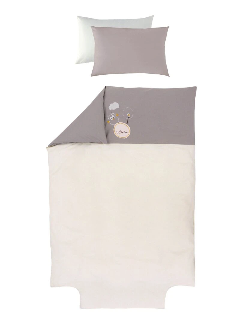 Parure de lit housse de couette brodée + taie Coton bio 'P'tit Basile' Beige