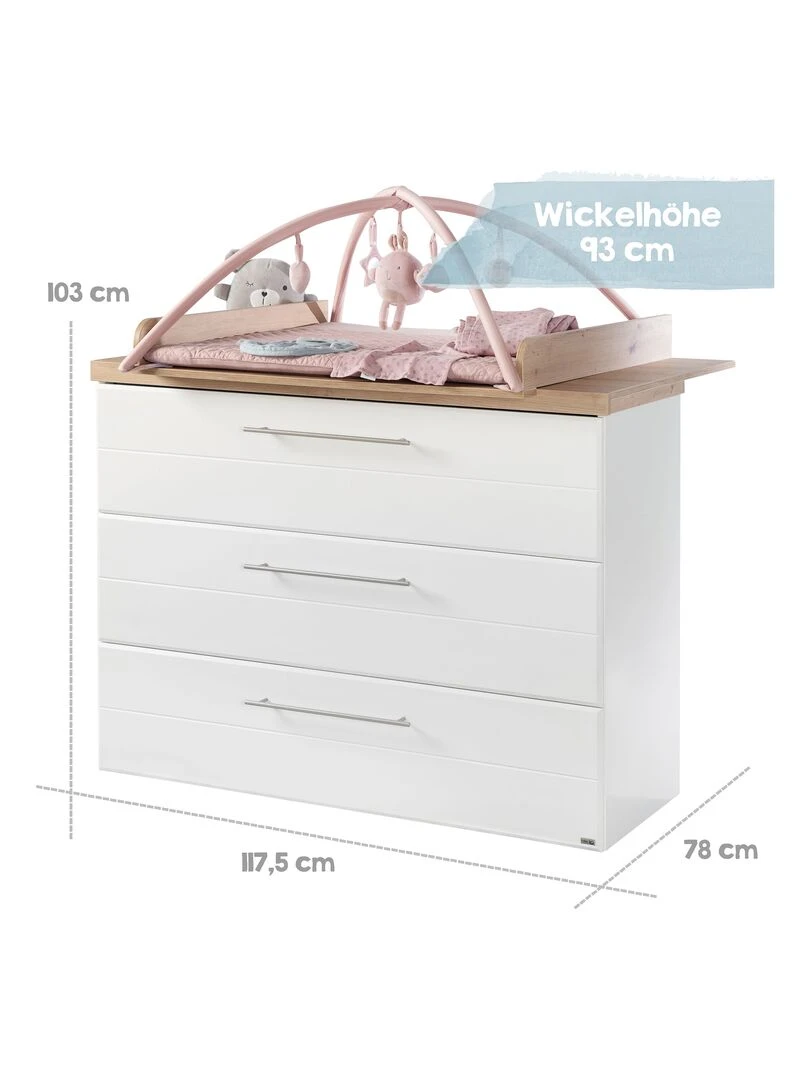 ROBA Commode à langer "Nele" Large   avec Plan Amovible   3 Tiroirs   Couronne en "Artisan Oak"   Blanc