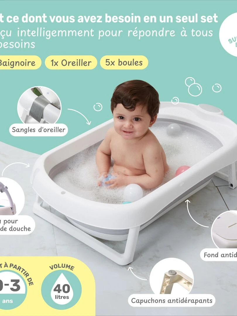 Baignoire bébé pliable   Thermomètre et coussin inclus   SUPERBE BEBE   Blanc Vert