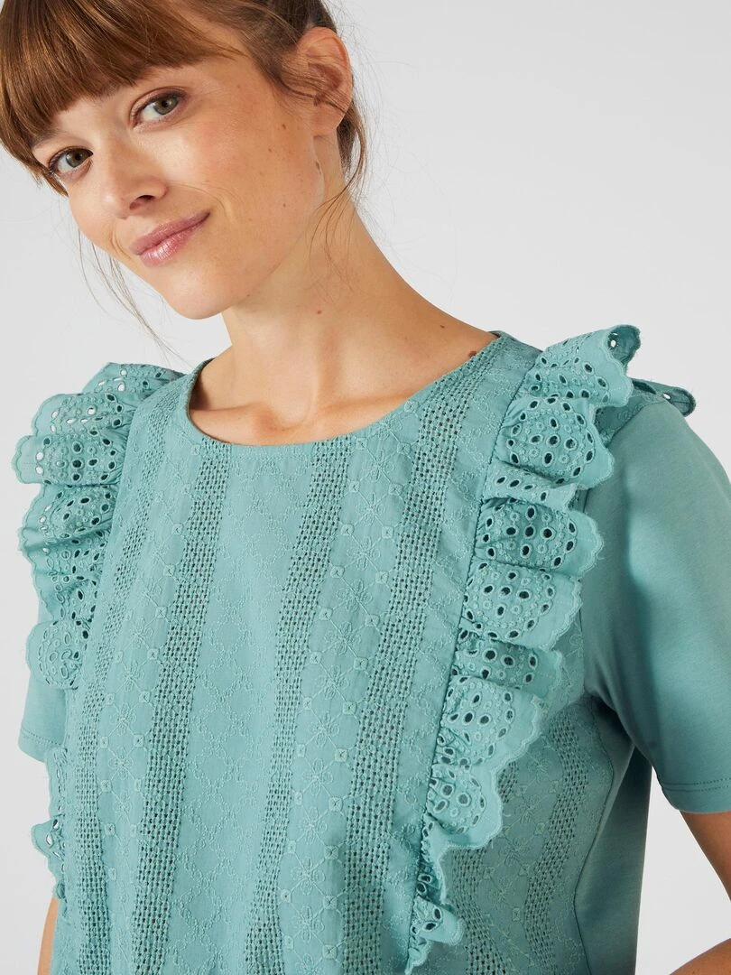 T shirt bi matière broderie anglaise Damart Vert anis