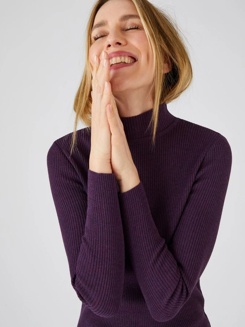 Pull col montant 50% laine mérinos uni et rayé Damart Violet foncé