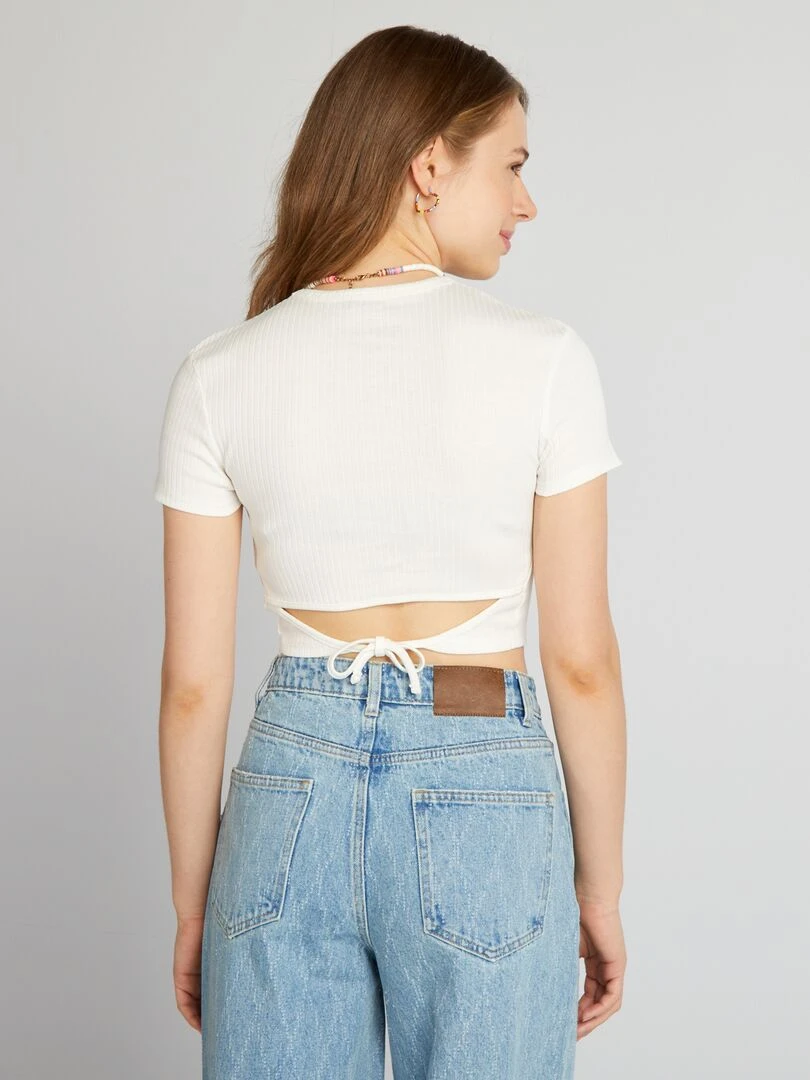 T shirt cropped côtelé avec liens   blanc
