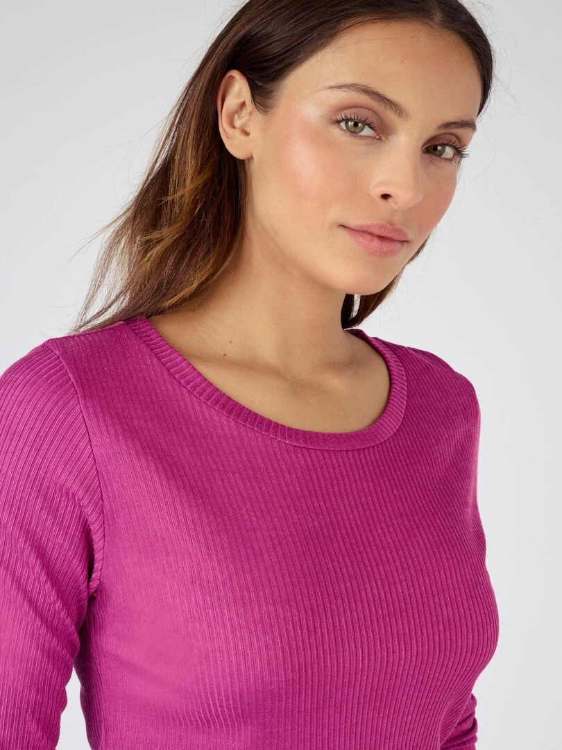 T shirt col rond maille côtelée Thermolactyl Damart Rose framboise