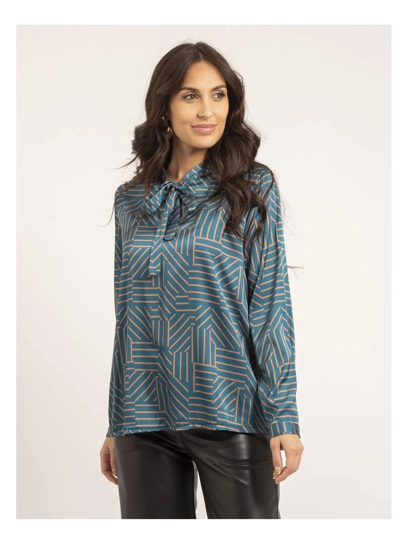 Blouse fluide motifs OZALIA Bleu canard