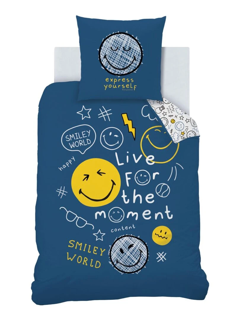 Parure de lit imprimée 100% coton  SMILEY WORLD SCRIBBLE   Bleu marine