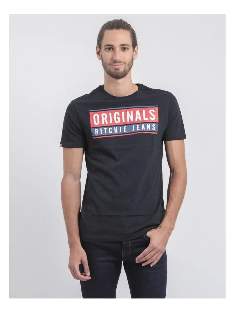 T shirt col rond pur coton JANVILLE Bleu marine