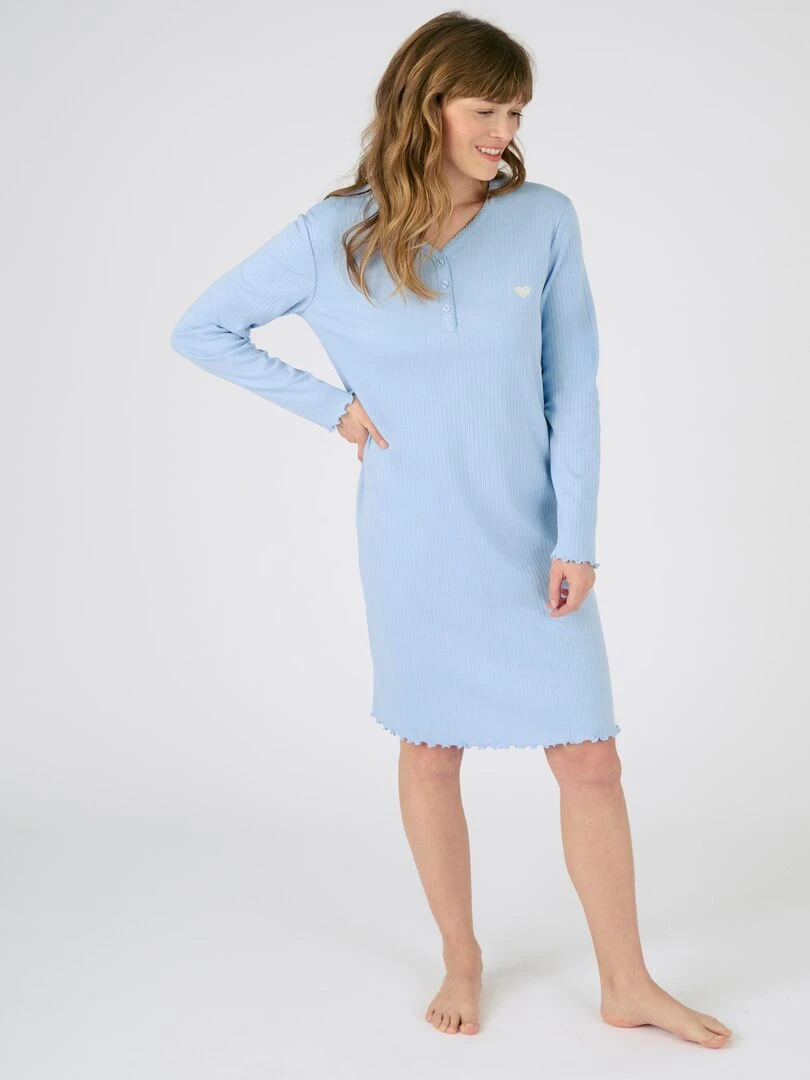 Chemise de nuit maille interlock côtelée douce et souple   Damart   Bleu