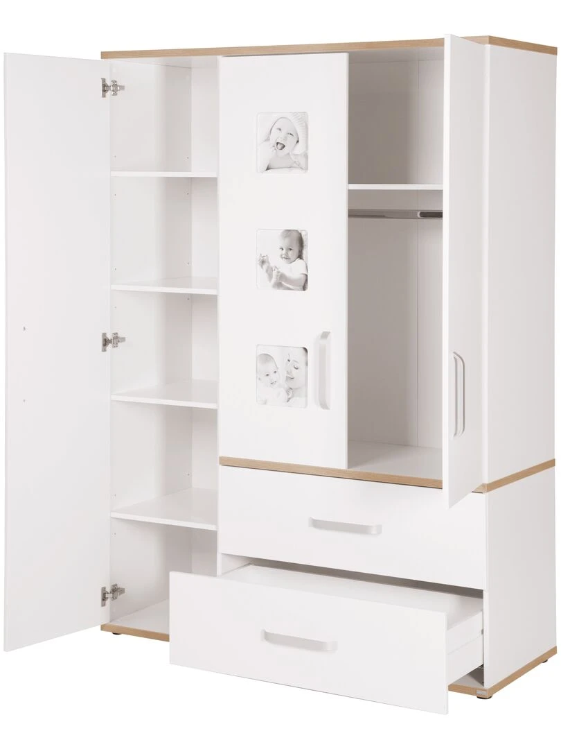 ROBA Armoire "Pia" 3 portes – avec 3 cadres d'images – blanc / chêne Blanc