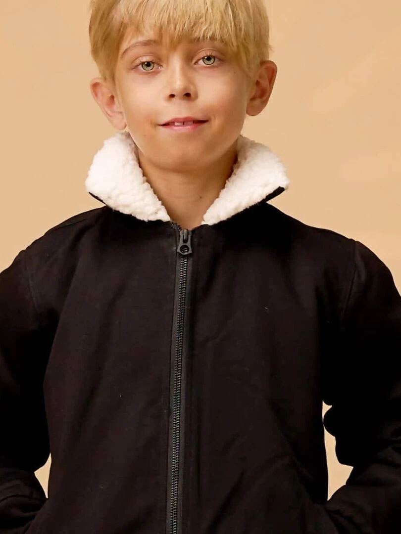 Blouson Noir Garçon Doublure Col en Fausse Fourrure TOP GUN 'LA FAUTE A VOLTAIRE' Noir Blanc