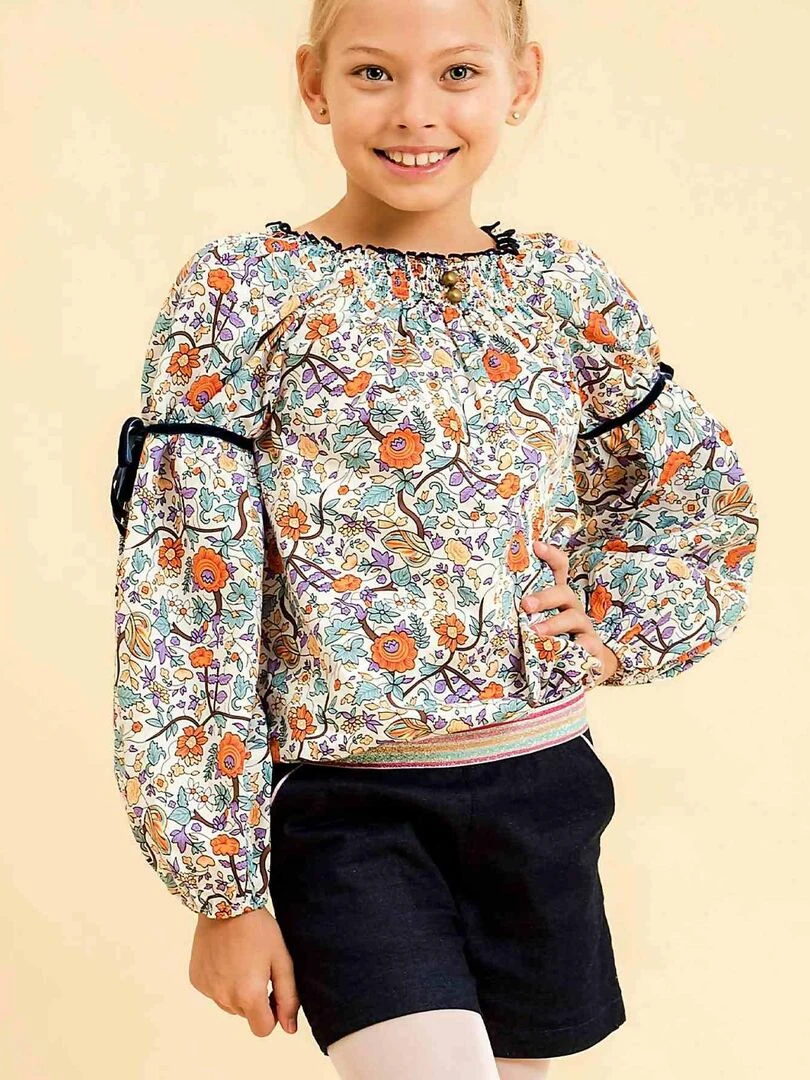Blouse Fleurie Liberty Orange Lilas pour Fille CHIMENE 'LA FAUTE A VOLTAIRE' Orange