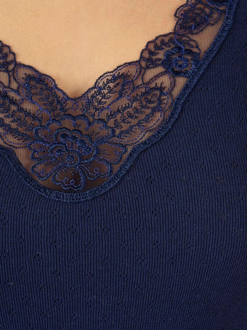 T shirt manches longues maille ajourée Thermolactyl Damart Bleu marine