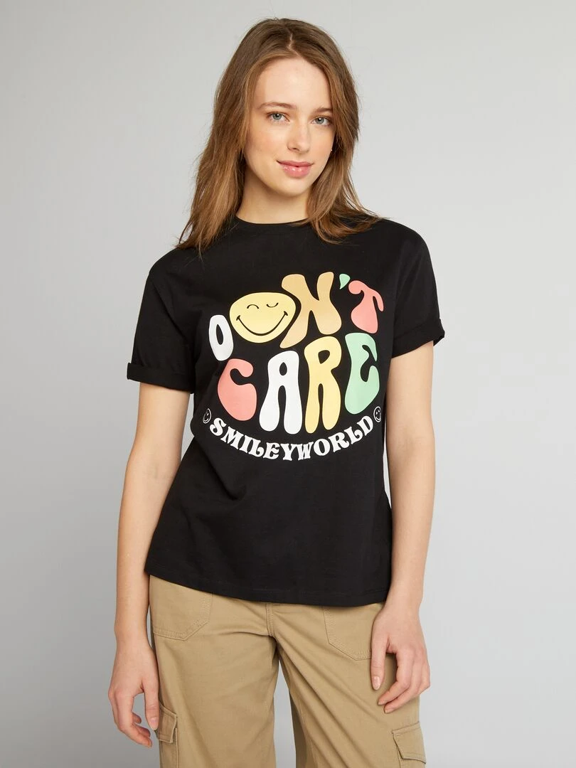 T shirt oversize à col rond 'Smiley' noir
