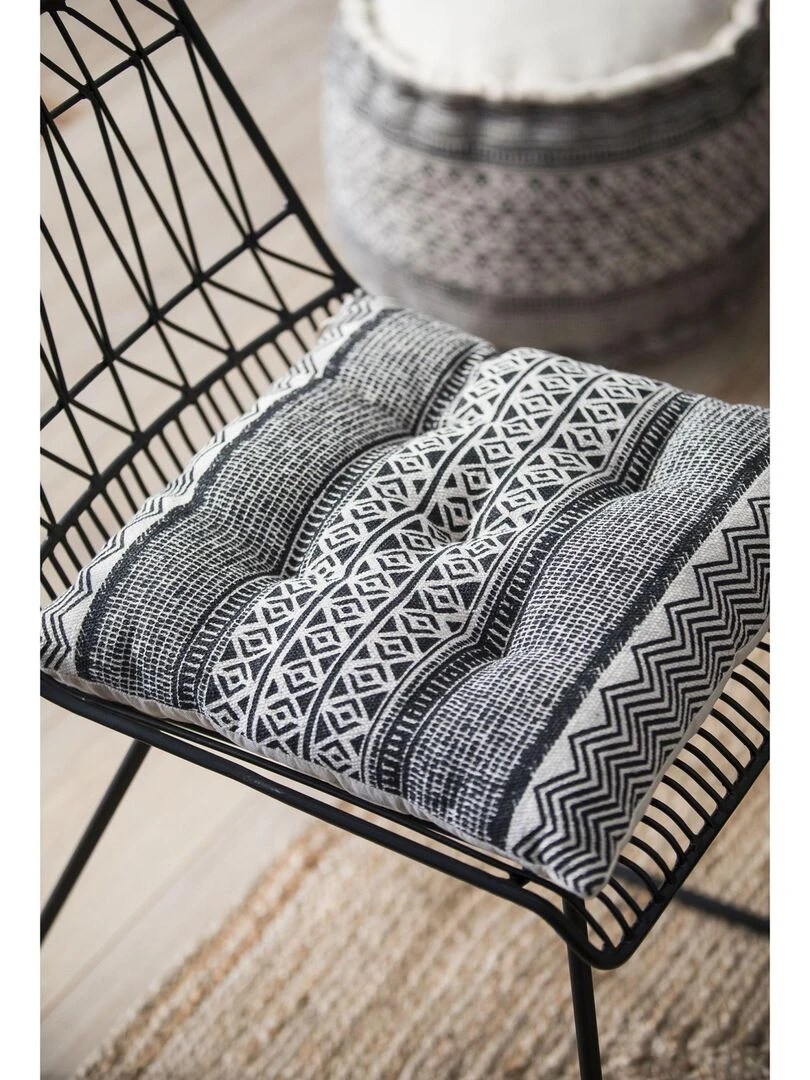 Galette de chaise en coton imprimée AFRICA 'Deko&co'   Blanc Gris Noir