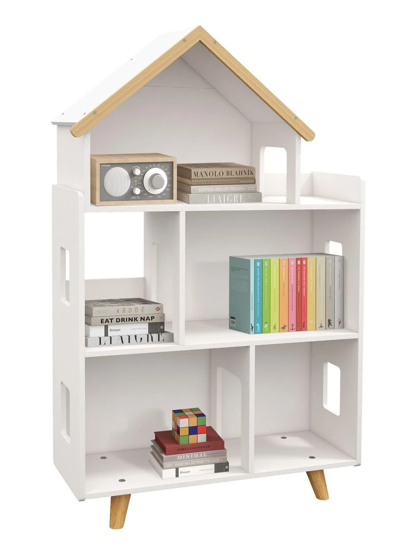 Bibliothèque étagère scandinave design maison 5 niches étagère pieds effilés bois pin MDF blanc Blanc