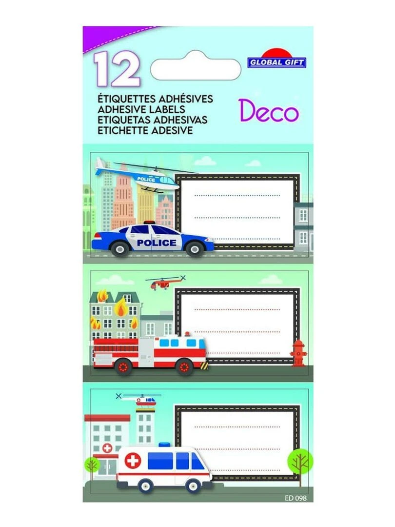 12 étiquettes adhésives scolaires Rectangle Voiture de police camion de pompier N/A