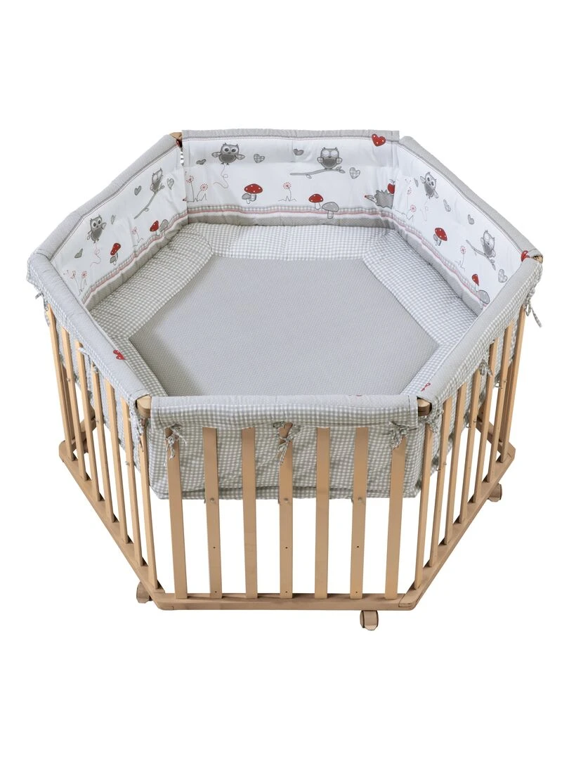 ROBA Parc Bébé "Cosiplay" Hexagonal + Tapis de Parc "Adam et Eule" Hêtre Bio Marron