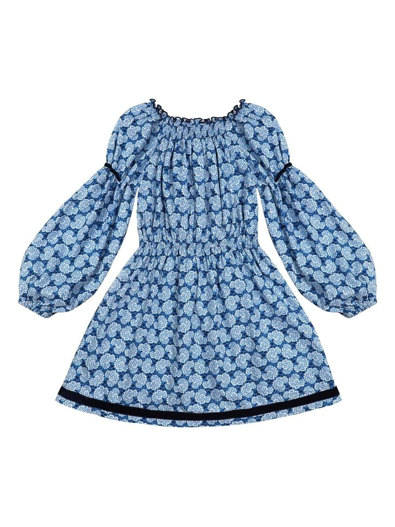Robe Intersaison Fleurie  Roi  Fille  Col Smocks  CHIMENE   'LA FAUTE A VOLTAIRE'   Bleu Blanc Bleu