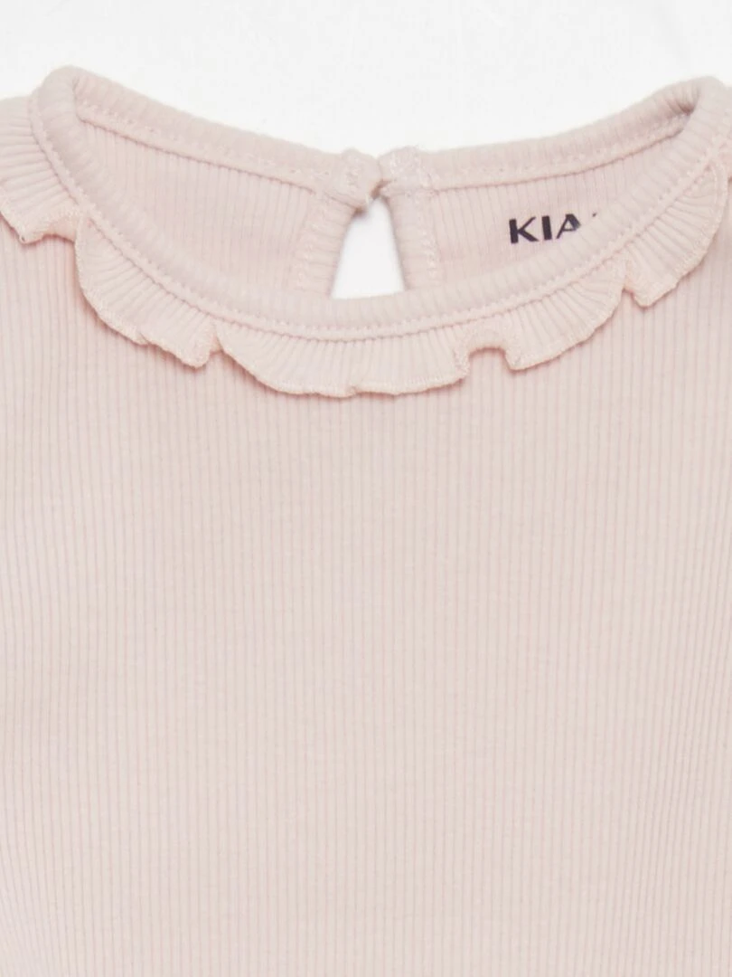 T shirt en maille côtelée col volanté Rose