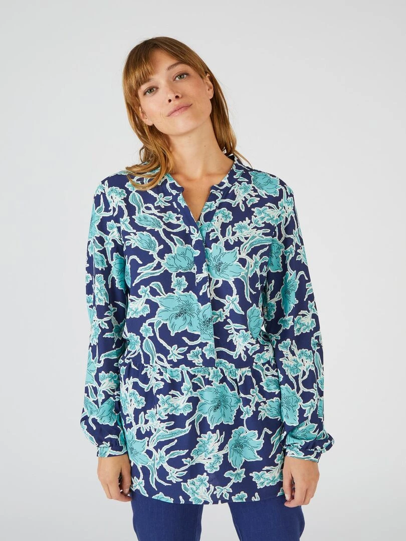 Tunique base volantée fleurie Damart Bleu marine