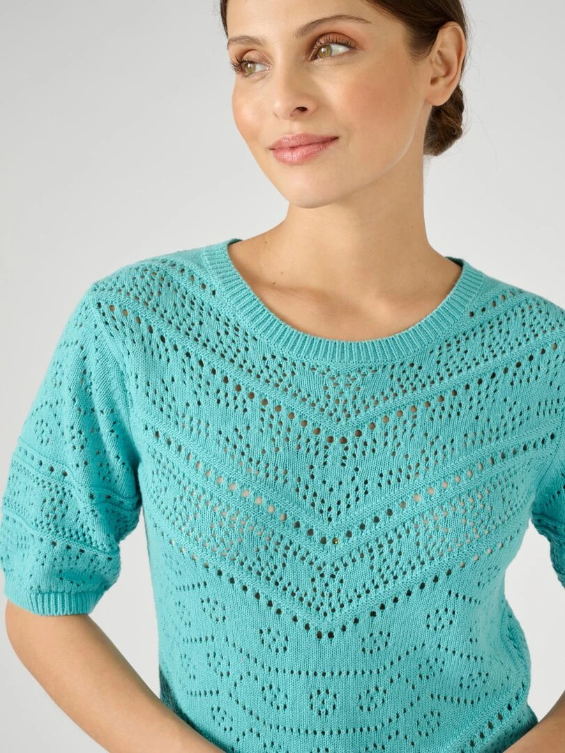 Pull maille ajourée manches aux coudes Damart Bleu