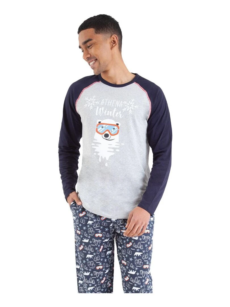 Pyjama long col rond homme Family Gris Bleu