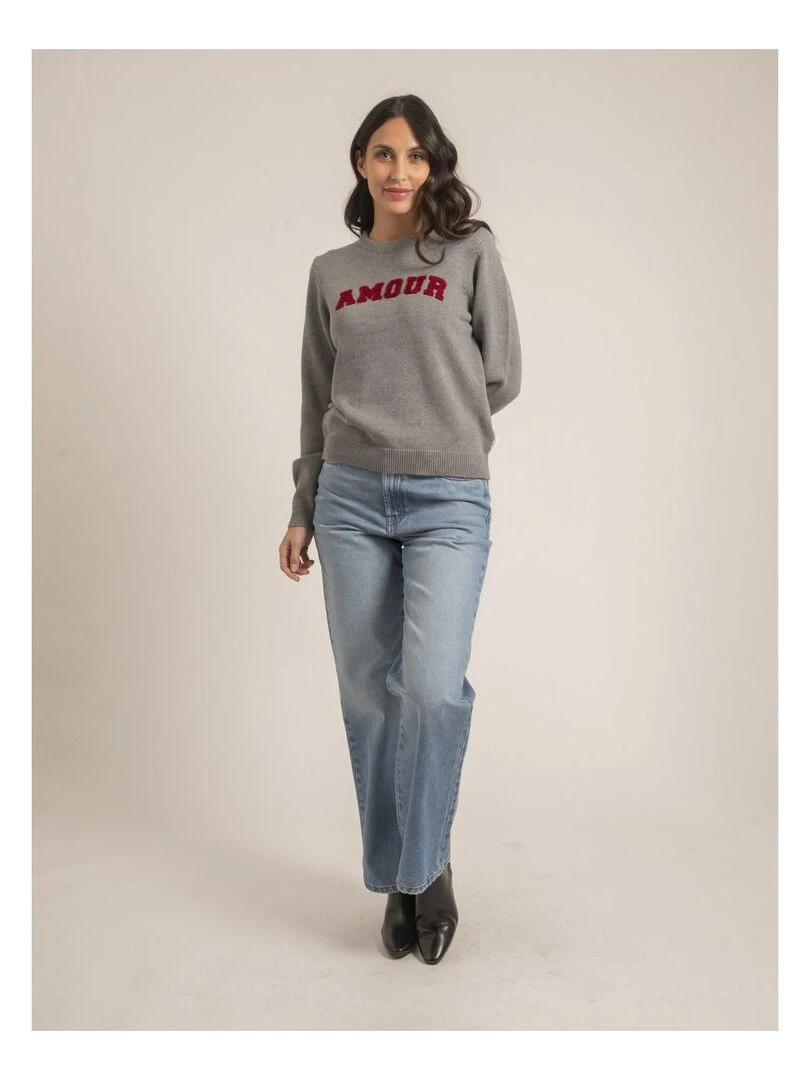 Pull col rond pur coton message KOURI   Gris