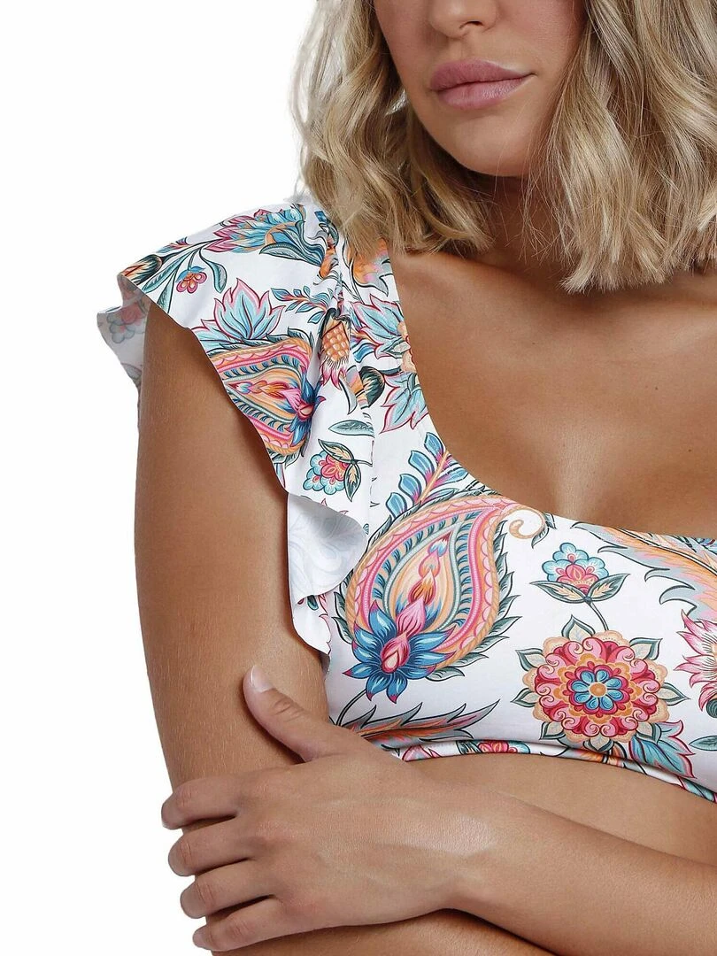 Ensemble deux pièces bikini asymétrique à volants White Paisley   Blanc