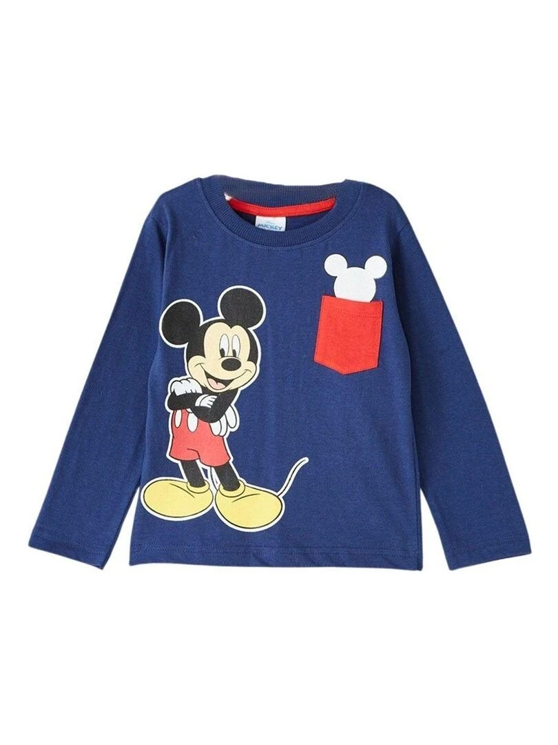 Disney T shrt garçon imprimé Mickey en coton Bleu