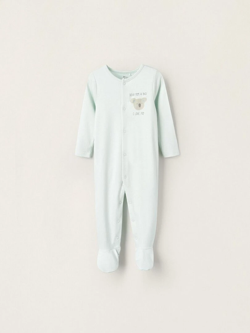 Grenouillère en coton avec pieds pour bébé garçon 'Cher Maman & Papa' manches longues Bleu clair