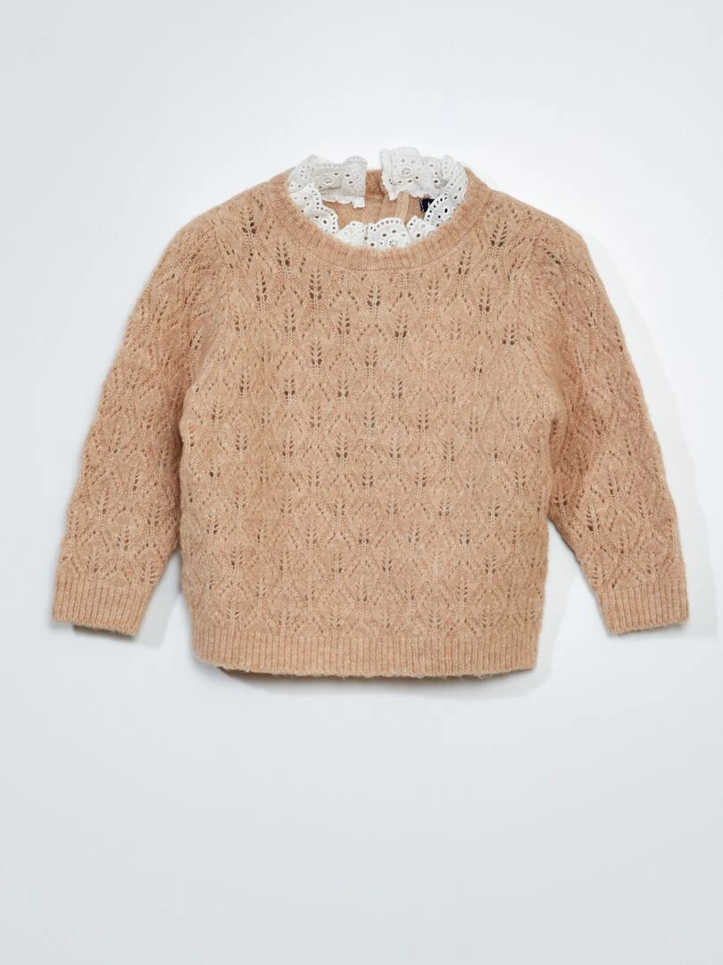 Pull en maille ajourée + broderie anglaise Beige