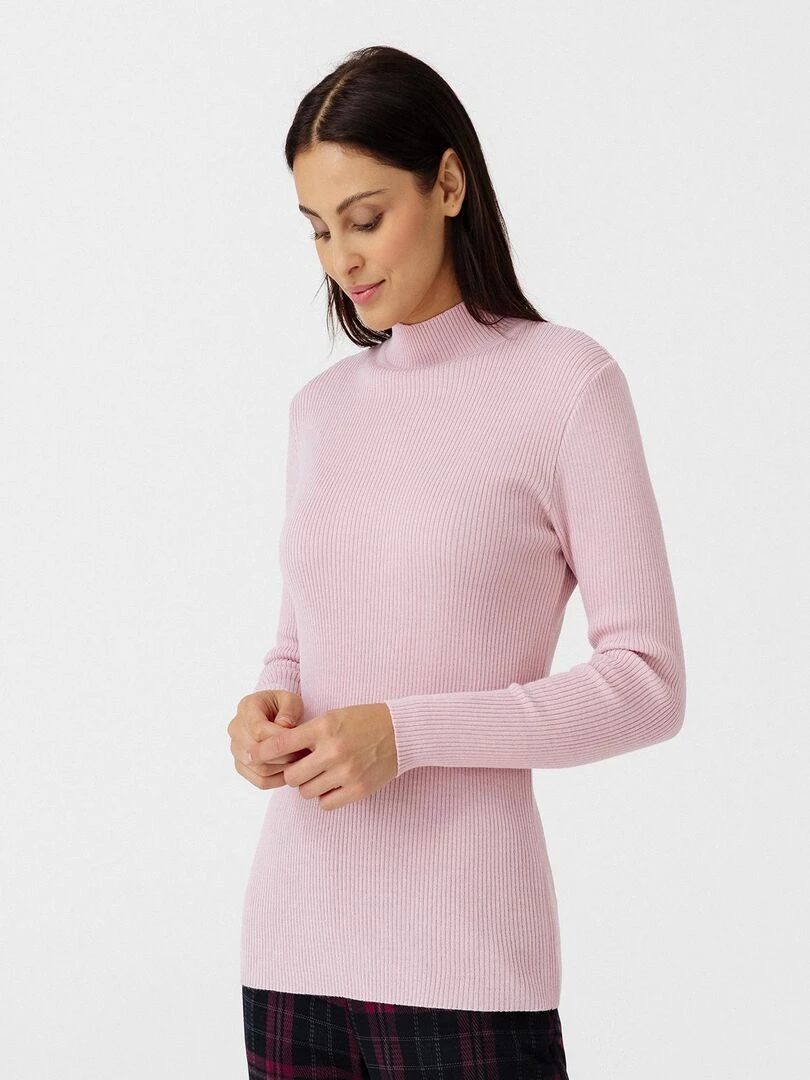 Pull col montant 50% laine mérinos uni et rayé Damart Rose