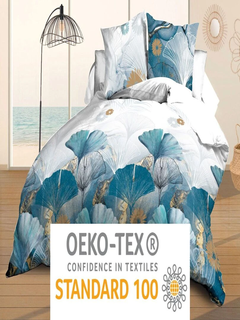 Parure Drap plat + drap housse 140x190 + 2 Taies Microfibre   Entretien Facile   Ginko   Bleu Doré Blanc