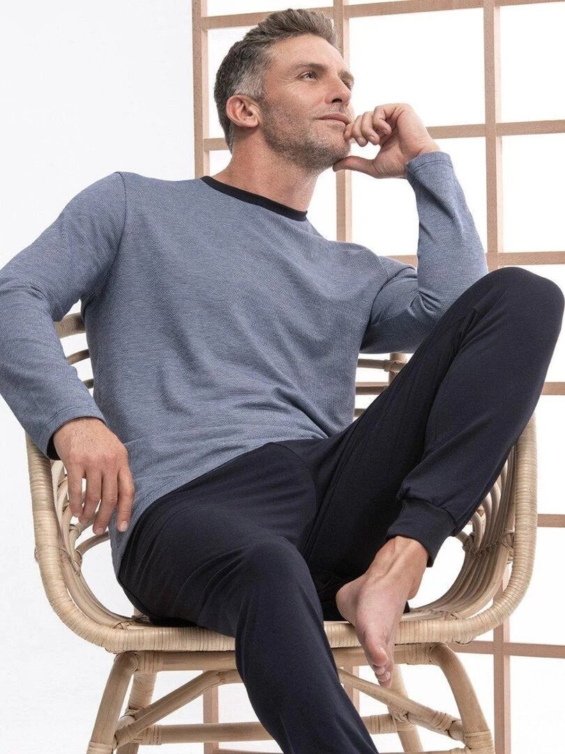 Pyjama long homme cardé en coton col rond Masami   Bleu