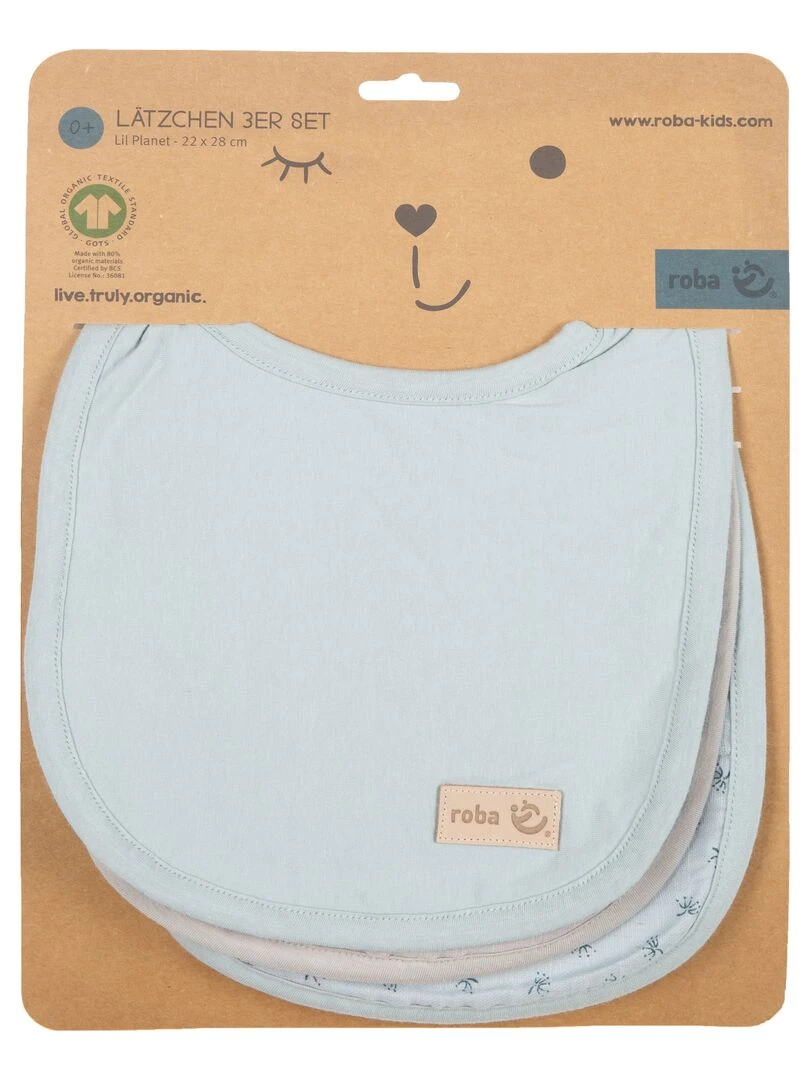 ROBA Lot 3 Bavoirs en Coton Bio 'Lil Planet' Ajustable   Certifié Gots   Bleu clair/gris   Bleu Gris clair