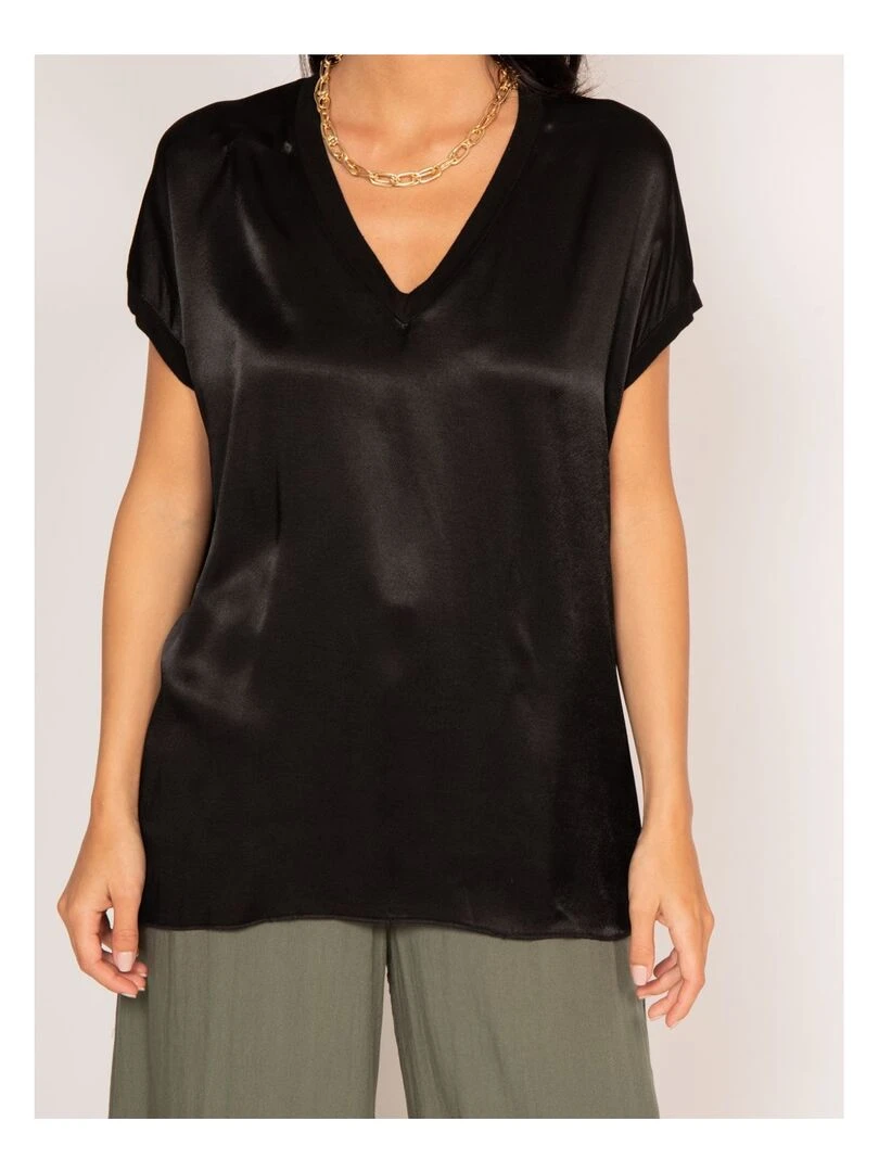 T shirt col V satin FENTA   Noir