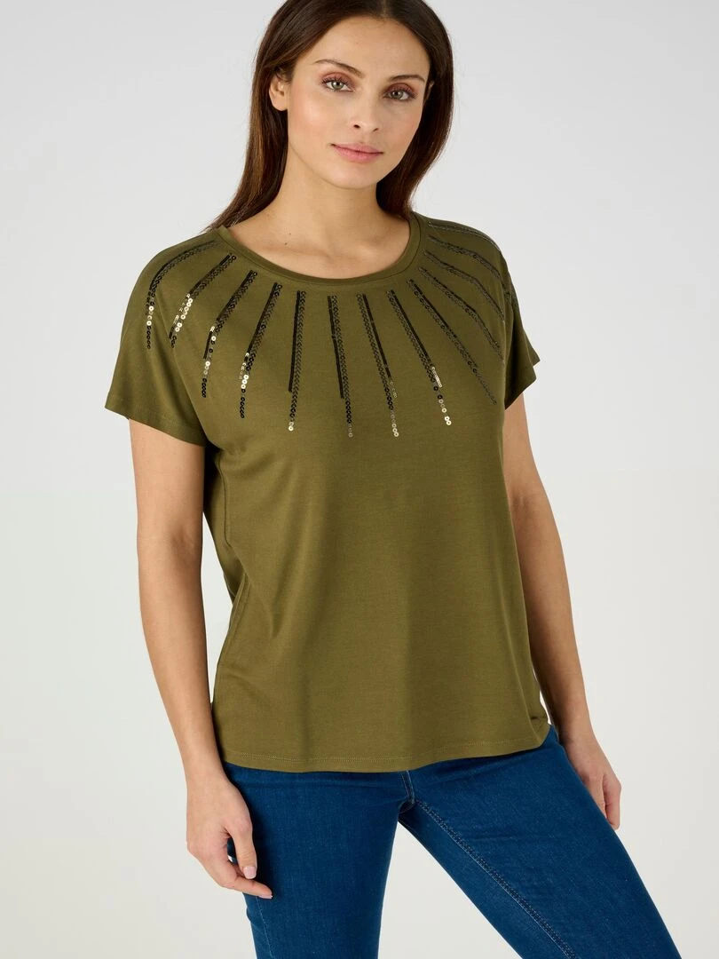Tee shirt uni à sequins. Damart Kaki