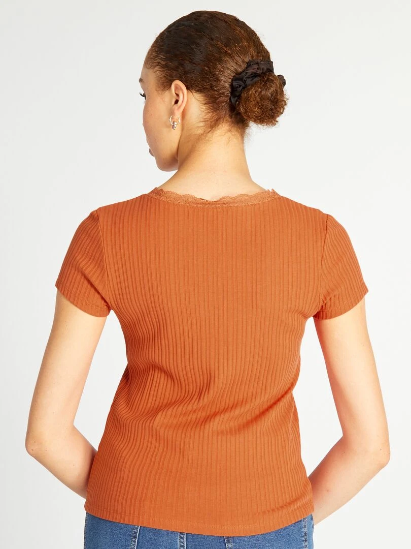 T shirt côtelé avec dentelle   orange