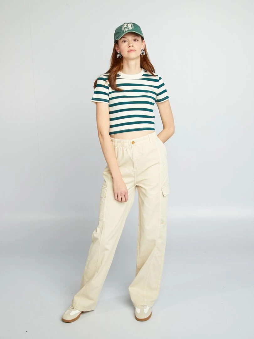 Tee shirt crop top marinière Blanc/vert